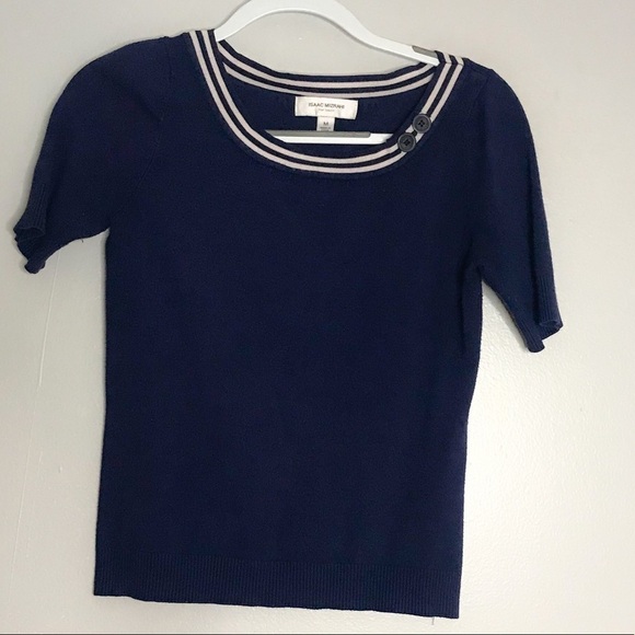 Isaac Mizrahi Nautical Preppy navy blue Short Sleeve sweater Top medium - Picture 1 of 8